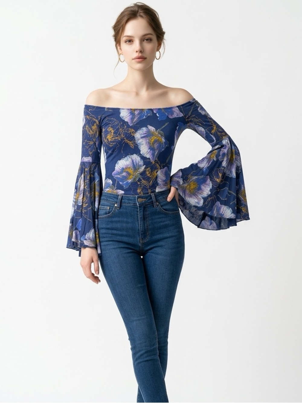 We The Free Navy Blue Floral Off-Shoulder Bell Sleeve Top